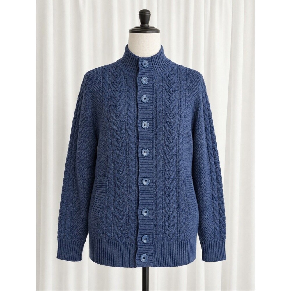 WoolOvers Blue Smoke Organic Cotton Cable Knit Mock Neck Cardigan Sweater